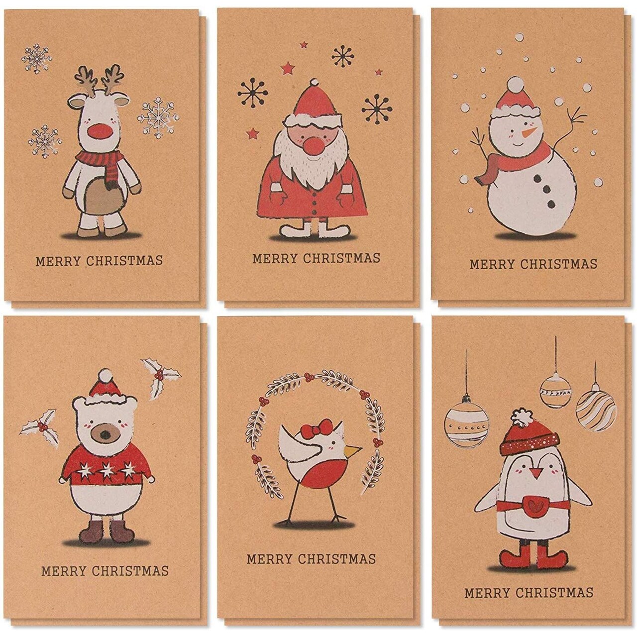 Best Paper Greetings 36 Pack Kraft Cute Christmas Greeting Cards with Envelopes, 4x6 Bulk Holiday Cards for Xmas Winter Holiday Season, 6 Red White Festive Designs